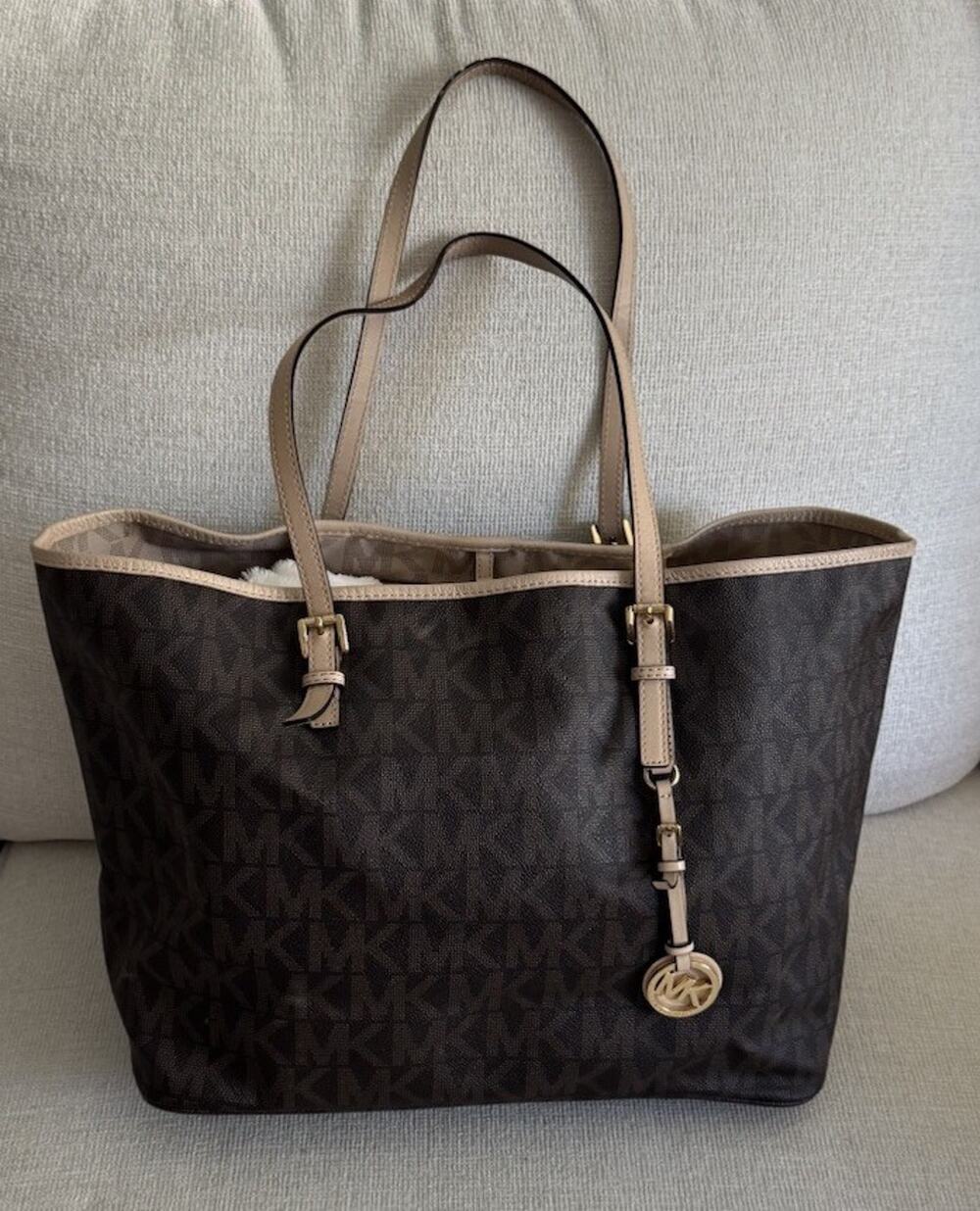 ⁠Michael Kors Tote Bag Brown Signature Monogram Large Purse Gold Charm Jet Set